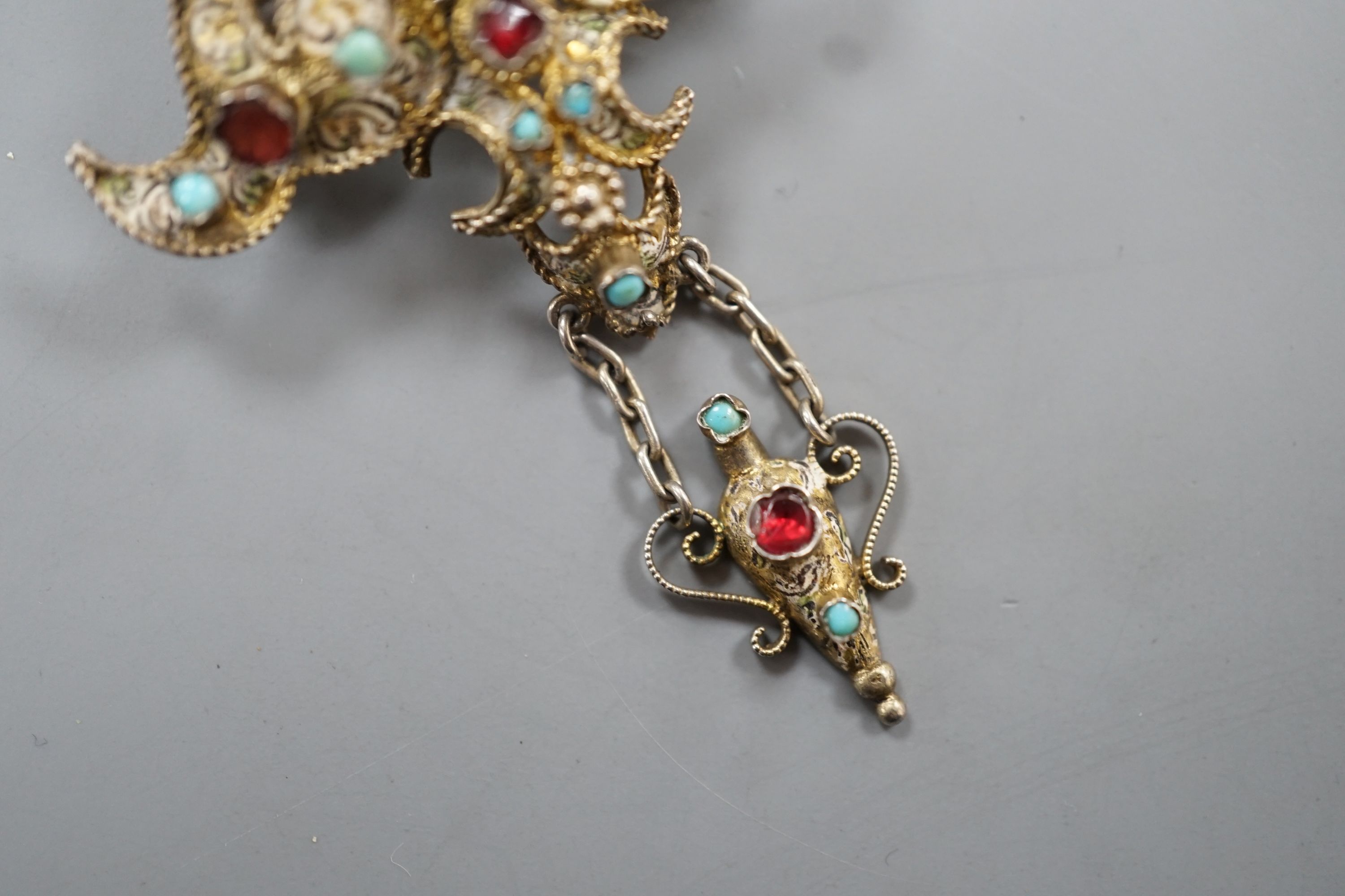 A 19th century Austro-Hungarian gilt white metal and semi-precious gem set drop brooch, 6cm.